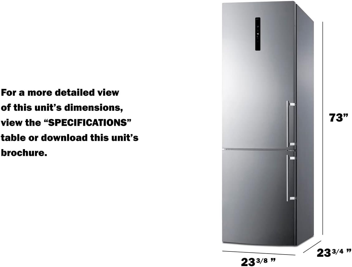 Summit Appliance FFBF249SS2LHD 24" Wide Bottom Freezer Refrigerator; Stainless Steel Doors; 10.6 cu.ft Capacity; Open Door Alarm; Digital Thermostats; Frost-Free/Automatic, Child Lock