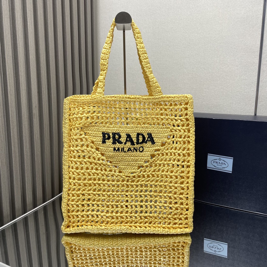 【PRADA 普拉達】Raffia 編織托特包｜亮黃色 × 黑色Logo × 夏日陽光風